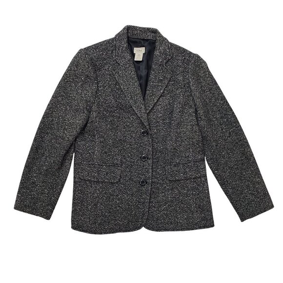 VTG LL Bean Wool Cashmere Tweed Blazer B&W Dark Academia Office Womens 12P - Picture 1 of 11